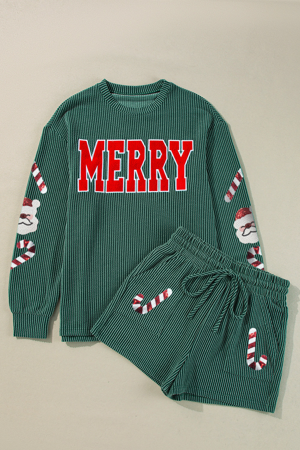 Blue Zone Planet | Evergreen MERRY Letter And Sequin Graphic Corded Christmas Shorts Set-Graphic Apparel-[Adult]-[Female]-2022 Online Blue Zone Planet