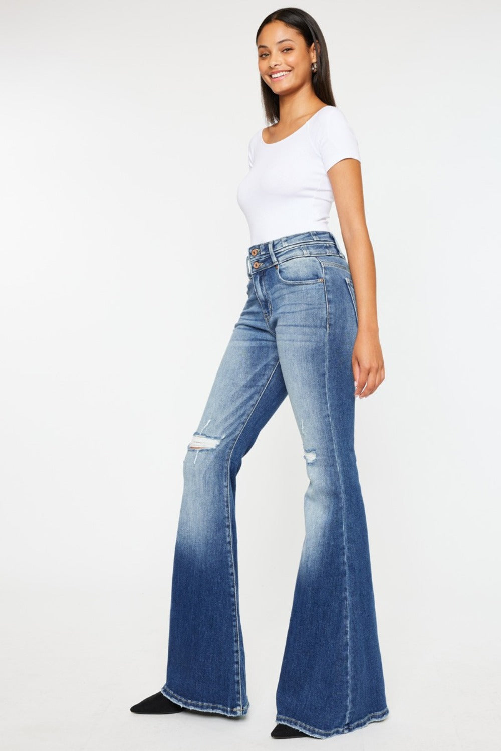 Kancan High Rise Wide Waistband Flare Jeans-BOTTOMS SIZES SMALL MEDIUM LARGE-[Adult]-[Female]-2022 Online Blue Zone Planet