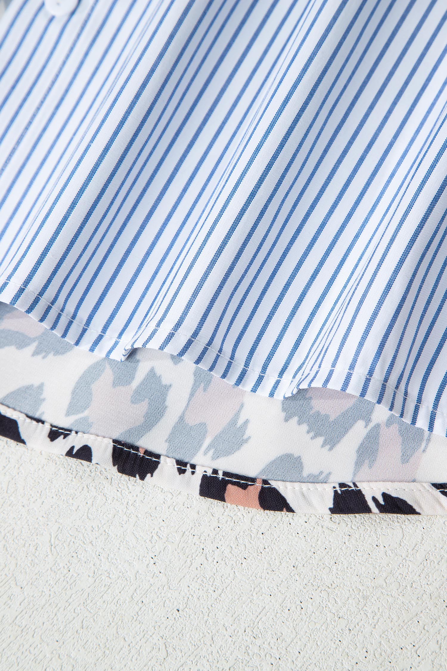 Sky Blue Stripe Colorblock Leopard Patchwork Chest Pocket Cuffed Sleeve Shirt-Tops/Blouses & Shirts-[Adult]-[Female]-2022 Online Blue Zone Planet