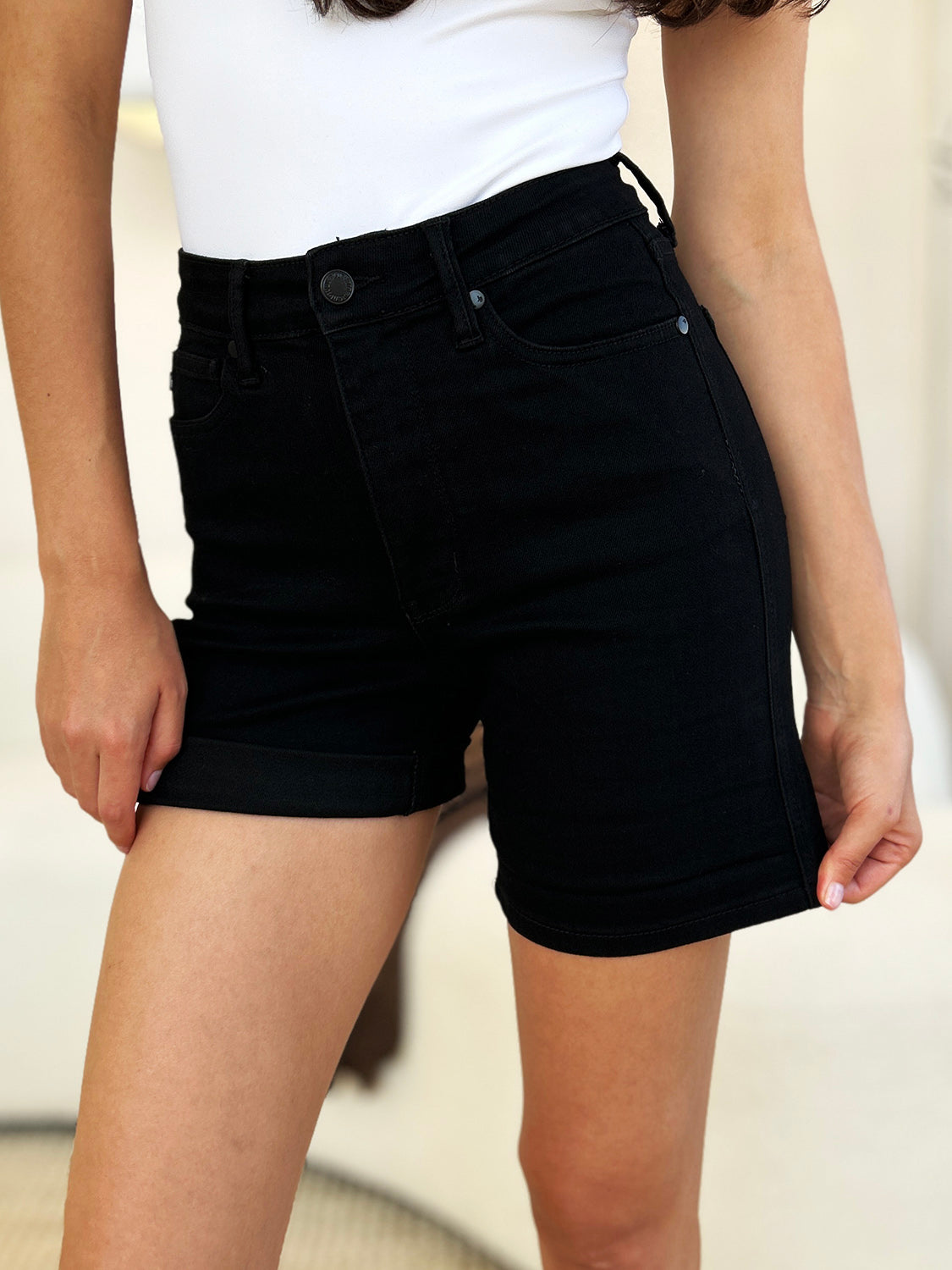 Judy Blue Full Size High Waist Tummy Control Cuffed Denim Shorts-BOTTOMS SIZES SMALL MEDIUM LARGE-[Adult]-[Female]-2022 Online Blue Zone Planet