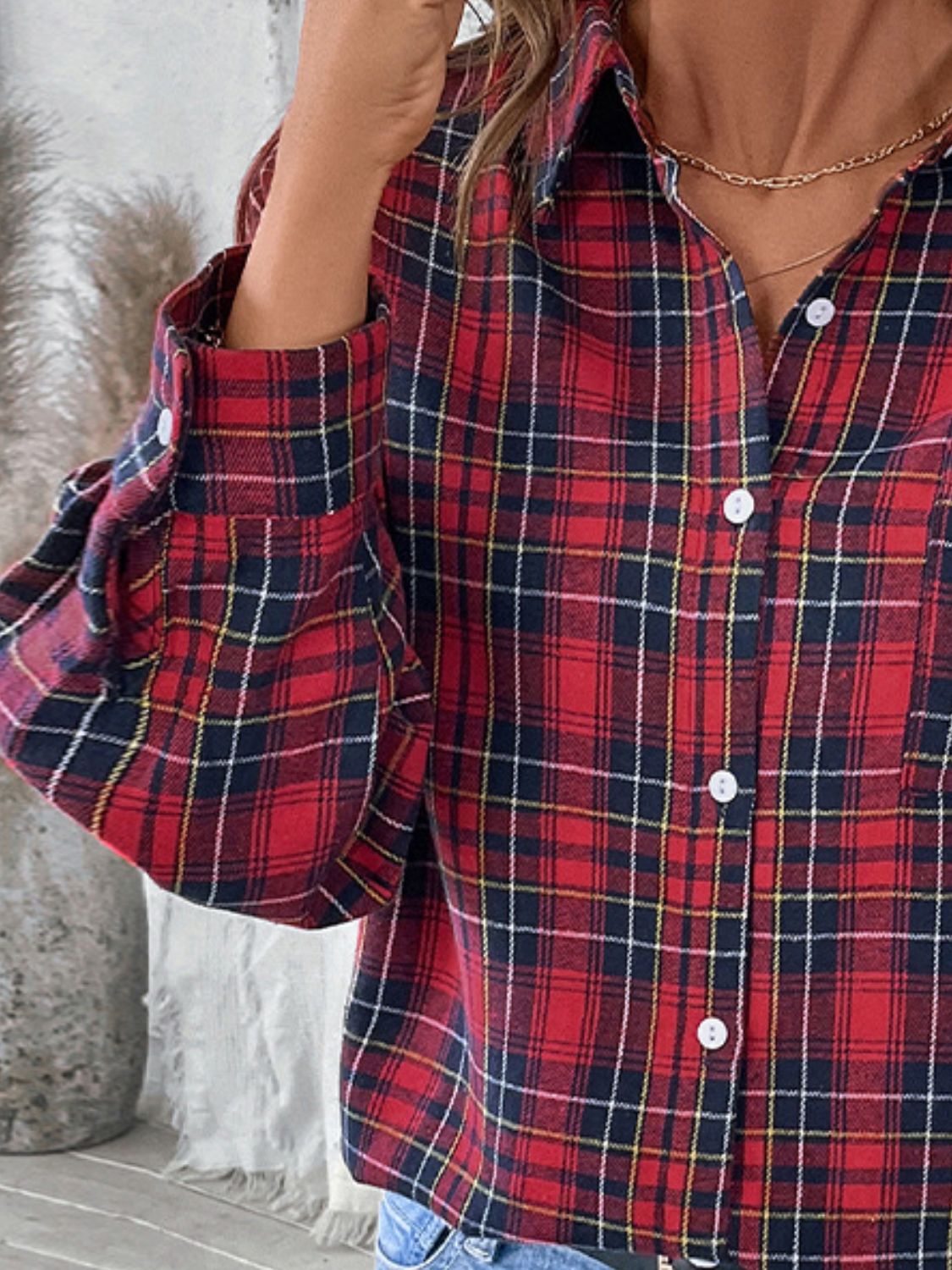 Perfee Plaid Button Up Long Sleeve Shirt-TOPS / DRESSES-[Adult]-[Female]-2022 Online Blue Zone Planet