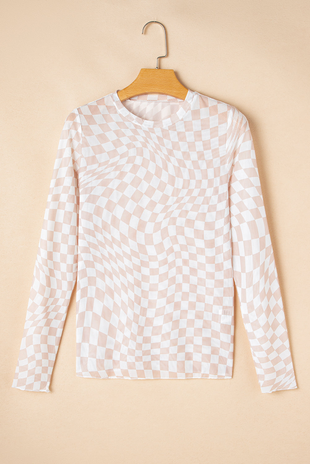 Blue Zone Planet | Rose Checkered Pattern Mesh Mock Neck Long Sleeve Top-Tops/Long Sleeve Tops-[Adult]-[Female]-2022 Online Blue Zone Planet