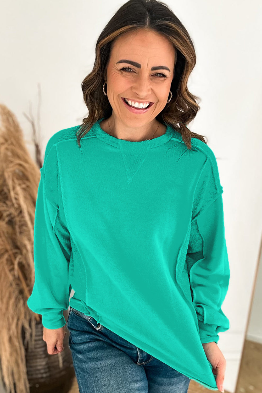 Mint Green Splicing Round Neck Pullover Sweatshirt-Tops/Sweatshirts & Hoodies-[Adult]-[Female]-2022 Online Blue Zone Planet