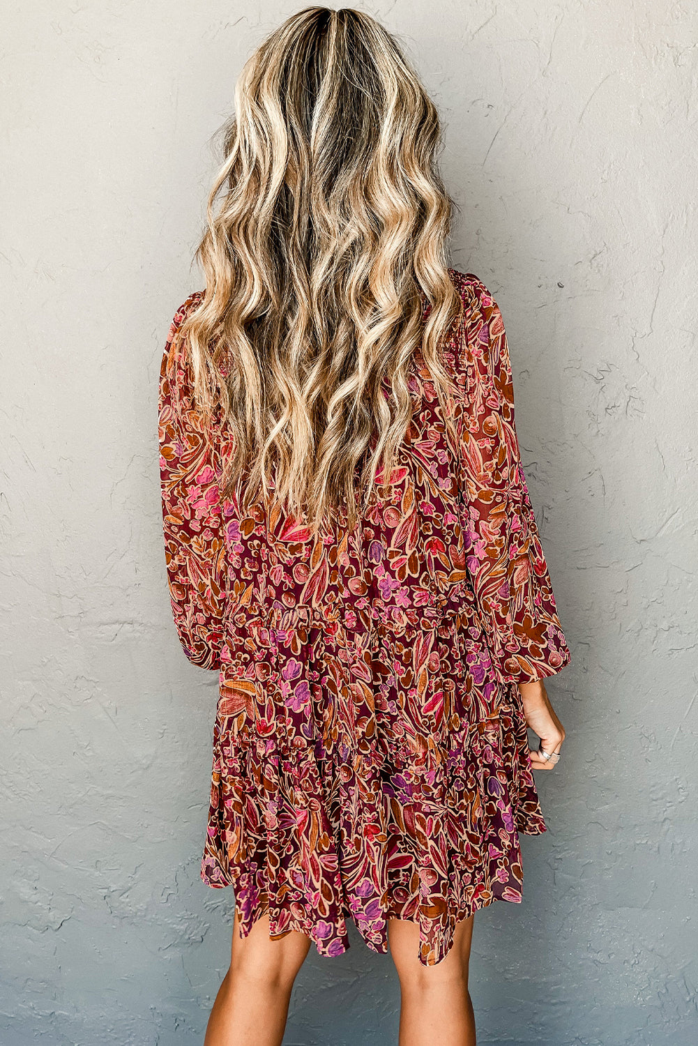 Red Floral Print Long Sleeve Shirred High Neck Loose Mini Dress-Dresses/Mini Dresses-[Adult]-[Female]-2022 Online Blue Zone Planet