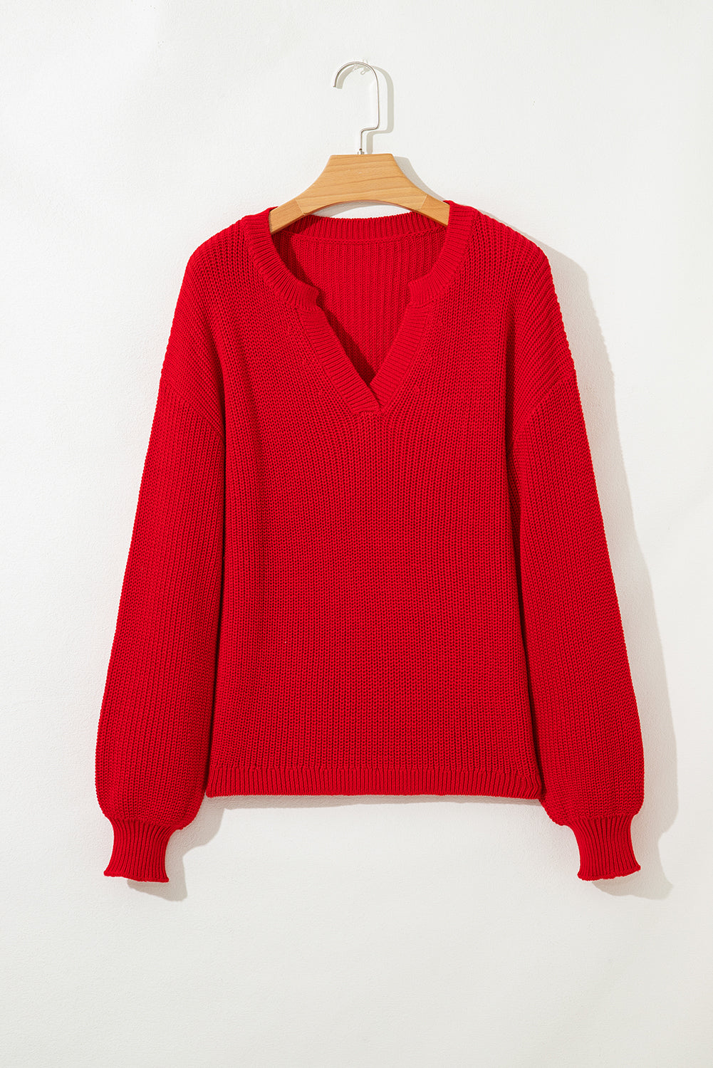 Racing Red Solid Textured Knit V Neck Drop Shoulder Sweater-TOPS / DRESSES-[Adult]-[Female]-2022 Online Blue Zone Planet