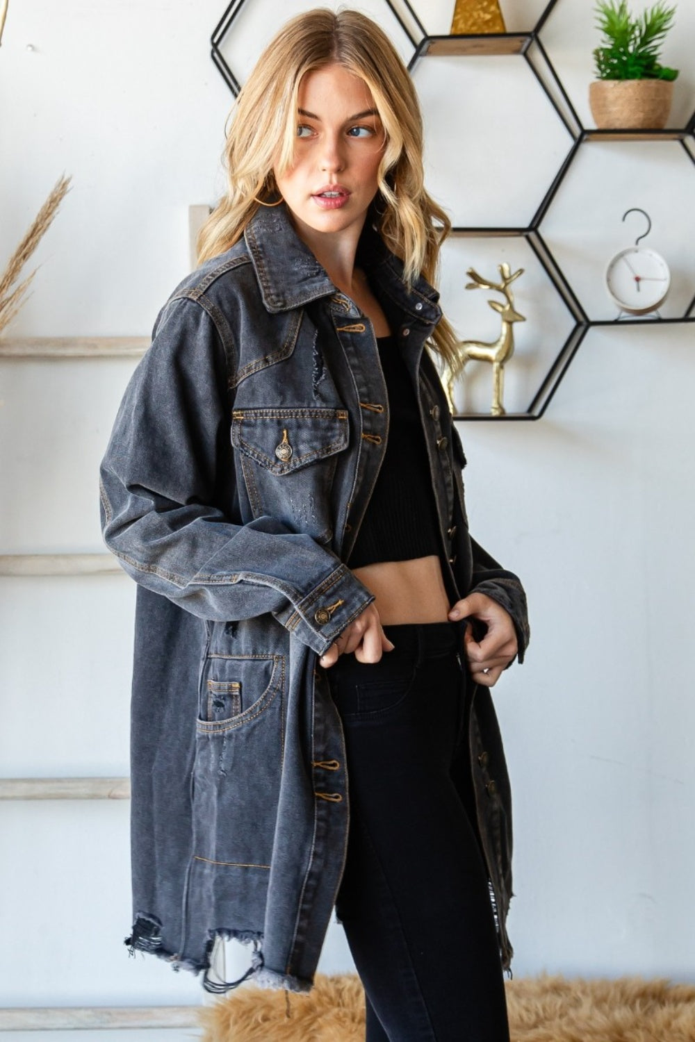 Veveret Button Up Distressed Frayed Hem Denim Jacket-TOPS / DRESSES-[Adult]-[Female]-2022 Online Blue Zone Planet