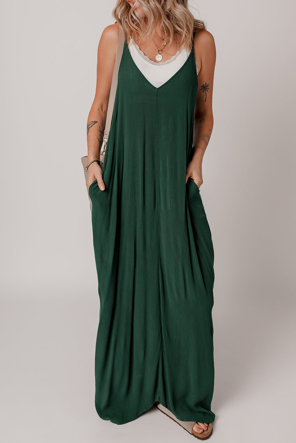 Duffel Green Spaghetti Straps Pocketed Slouchy Maxi Dress-TOPS / DRESSES-[Adult]-[Female]-2022 Online Blue Zone Planet