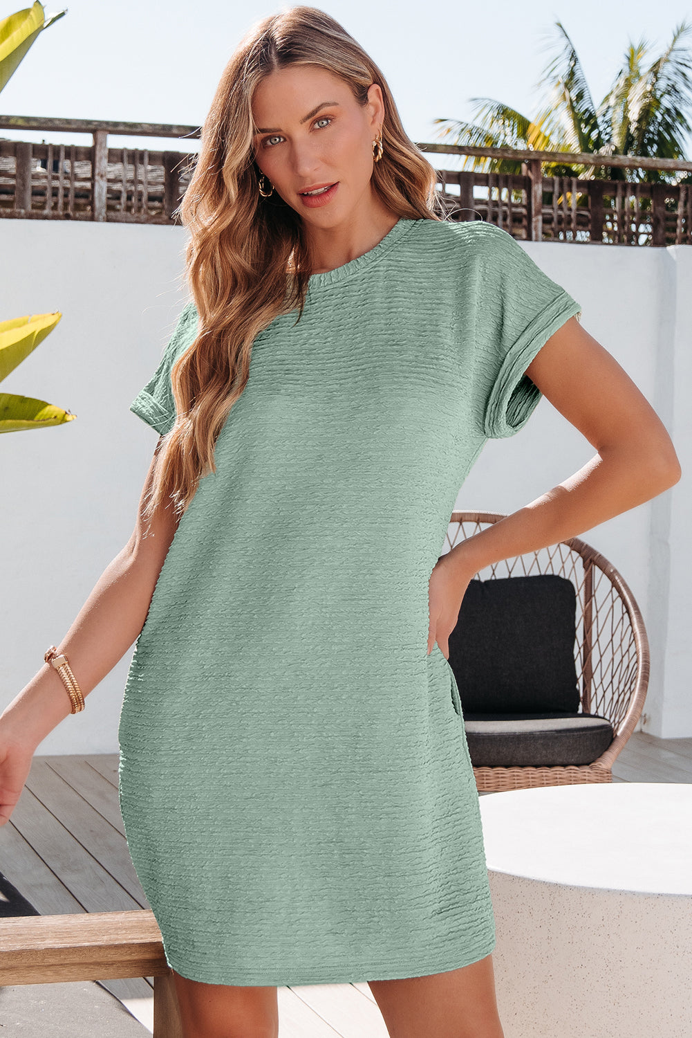 Grass Green Solid Color Textured Crinkle Short Sleeve T Shirt Dress-Dresses/T Shirt Dresses-[Adult]-[Female]-2022 Online Blue Zone Planet