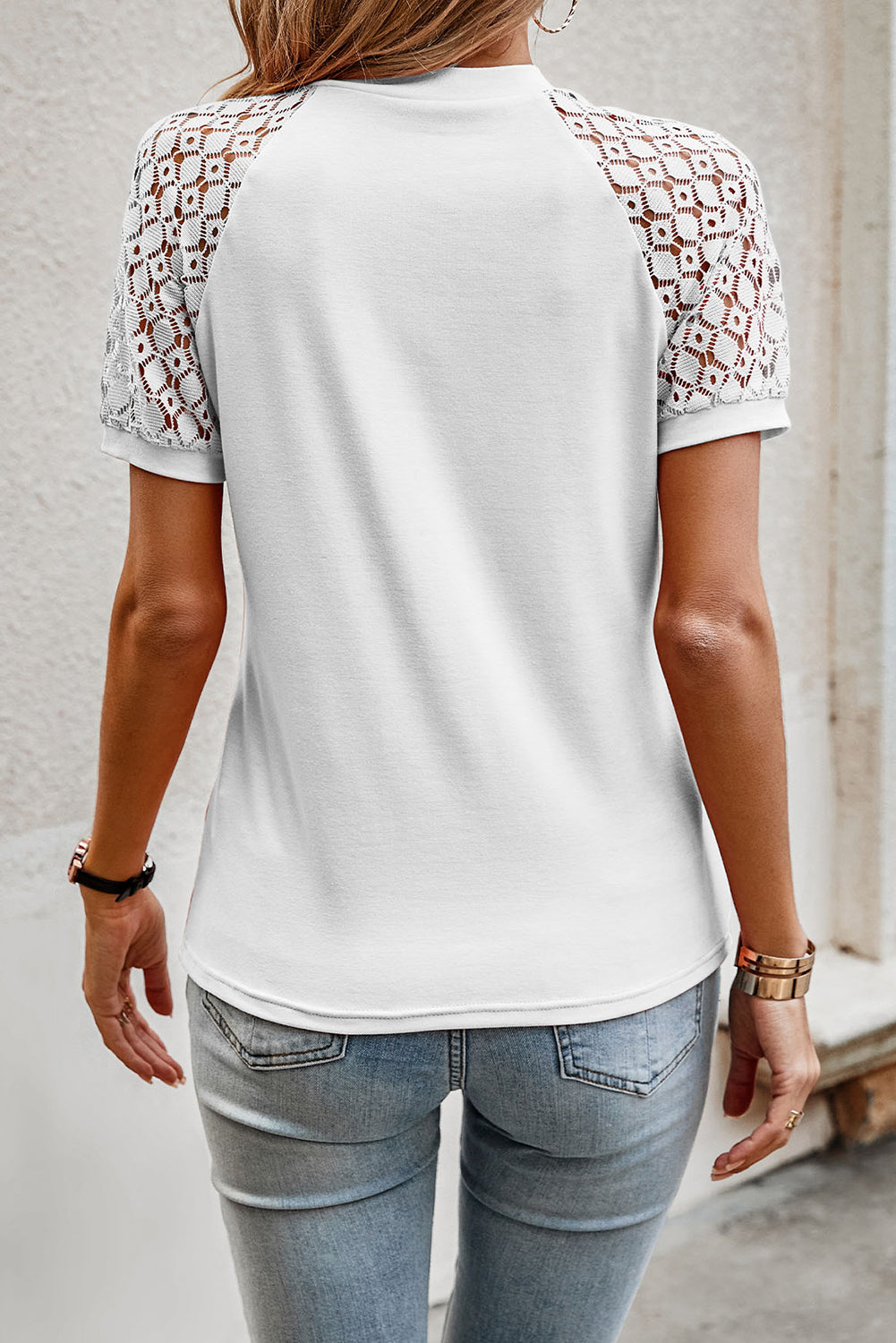 White Seamed Detail Contrast Lace Raglan Sleeve Tee-Tops/Tops & Tees-[Adult]-[Female]-2022 Online Blue Zone Planet
