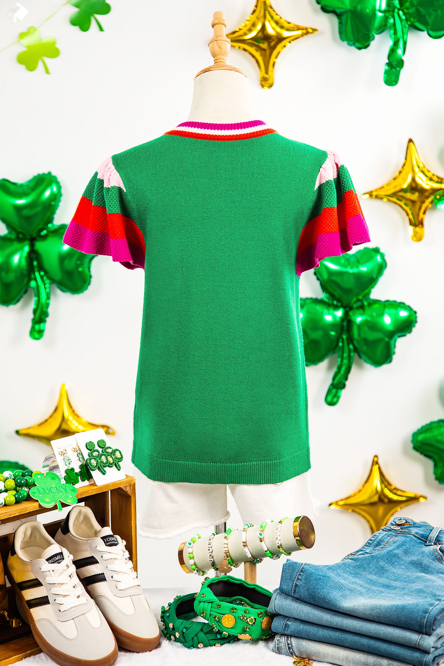 Bright Green Shiny Lucky Striped Flutter Sleeve Round Neck Sweater-TOPS / DRESSES-[Adult]-[Female]-2022 Online Blue Zone Planet