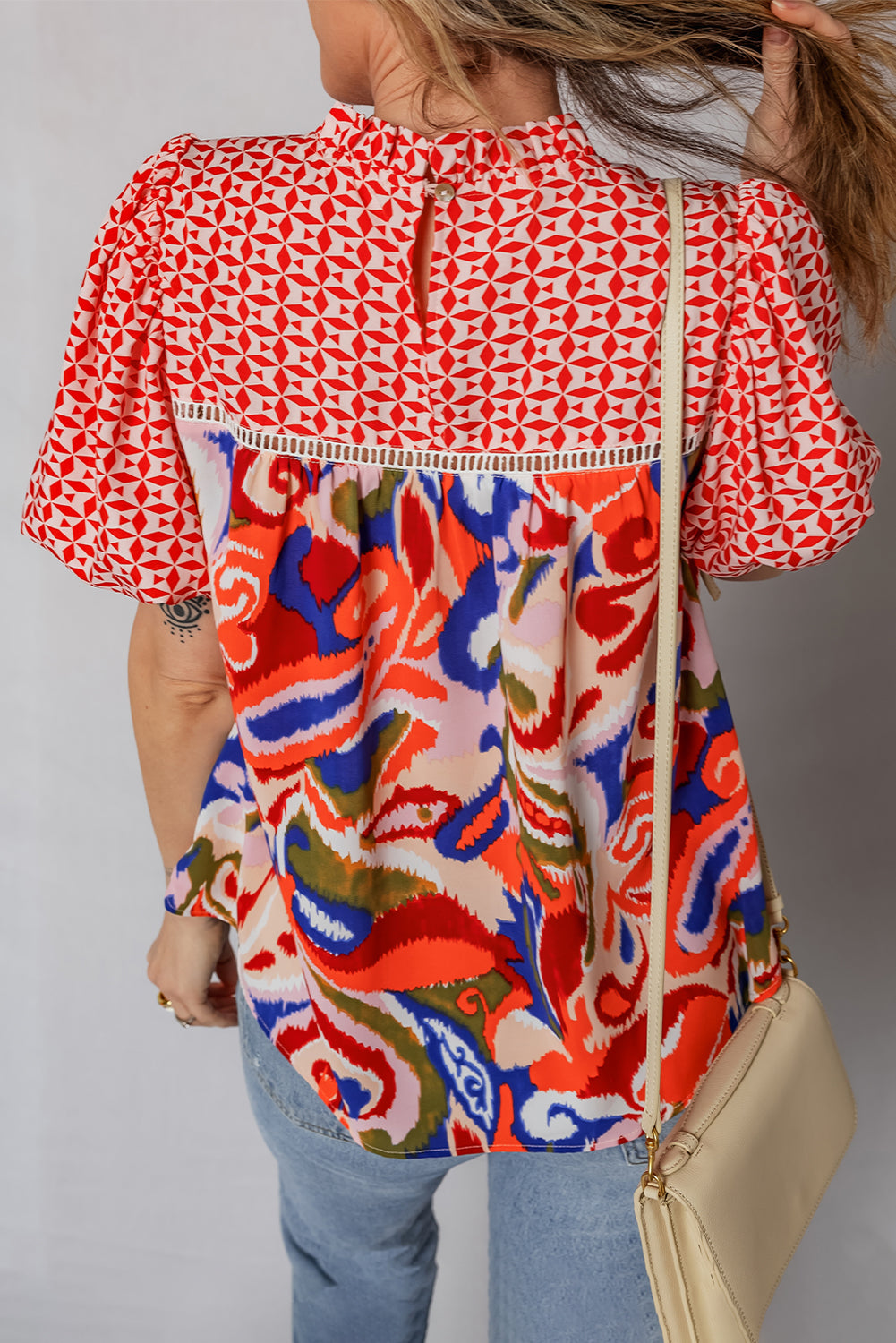 Red Paisley Geometric Mixed Print Patchwork Puff Sleeve Blouse Top-Tops/Blouses & Shirts-[Adult]-[Female]-2022 Online Blue Zone Planet