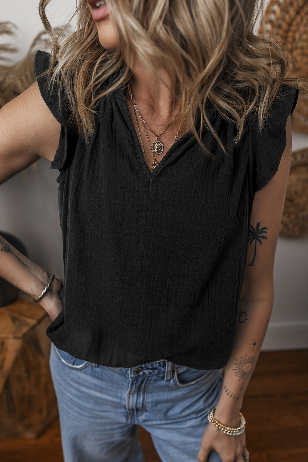 Black Ruffled Shoulder V Neck Shift Tank Top-Tops/Tank Tops-[Adult]-[Female]-Black-S-2022 Online Blue Zone Planet