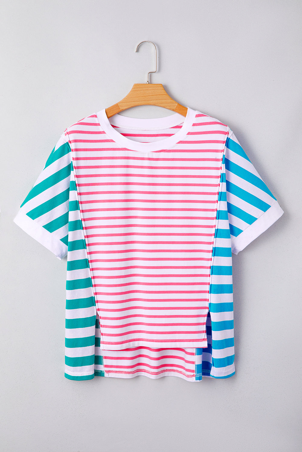 Pink Stripe Mixed Pattern Patchwork Uneven Hem Loose Tee-Tops/Tops & Tees-[Adult]-[Female]-2022 Online Blue Zone Planet