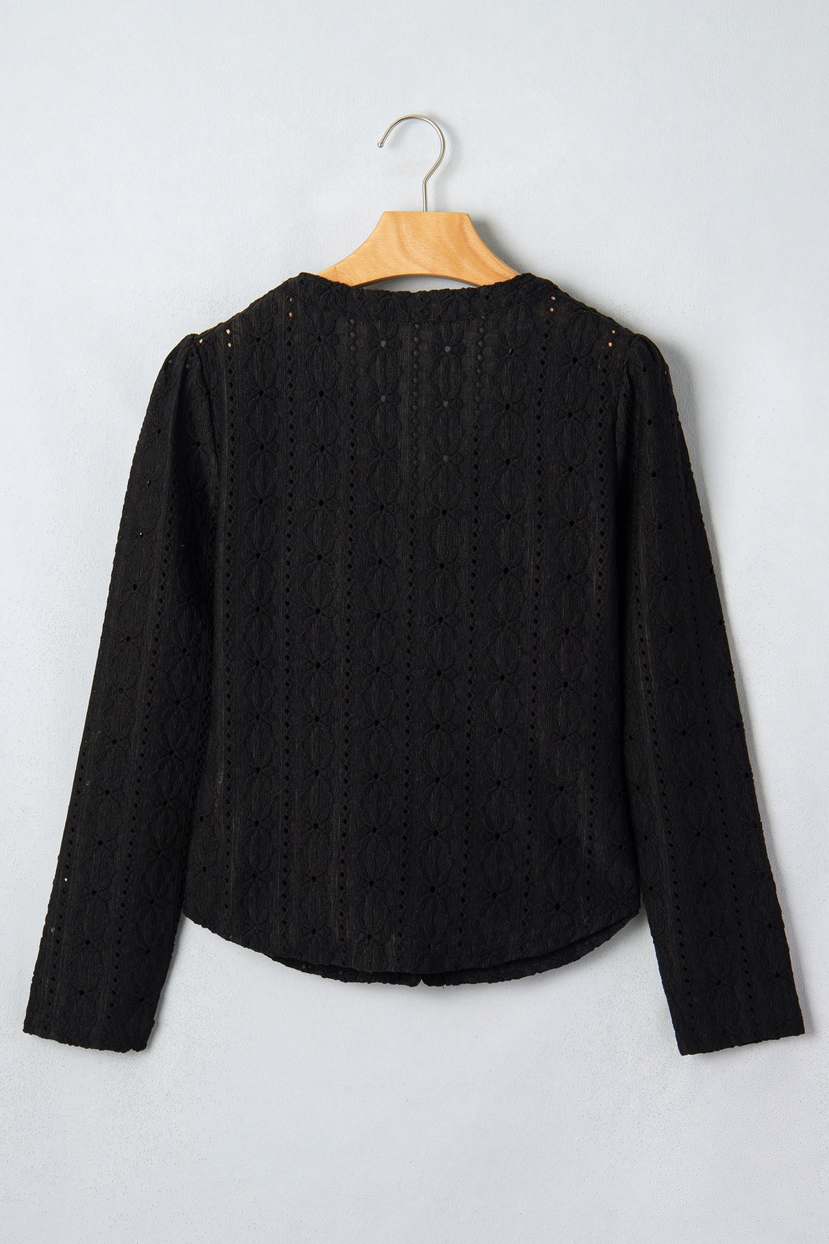 Black V Neck Floral Knit Long Sleeve Button Front Fit Blouse-Tops/Blouses & Shirts-[Adult]-[Female]-2022 Online Blue Zone Planet