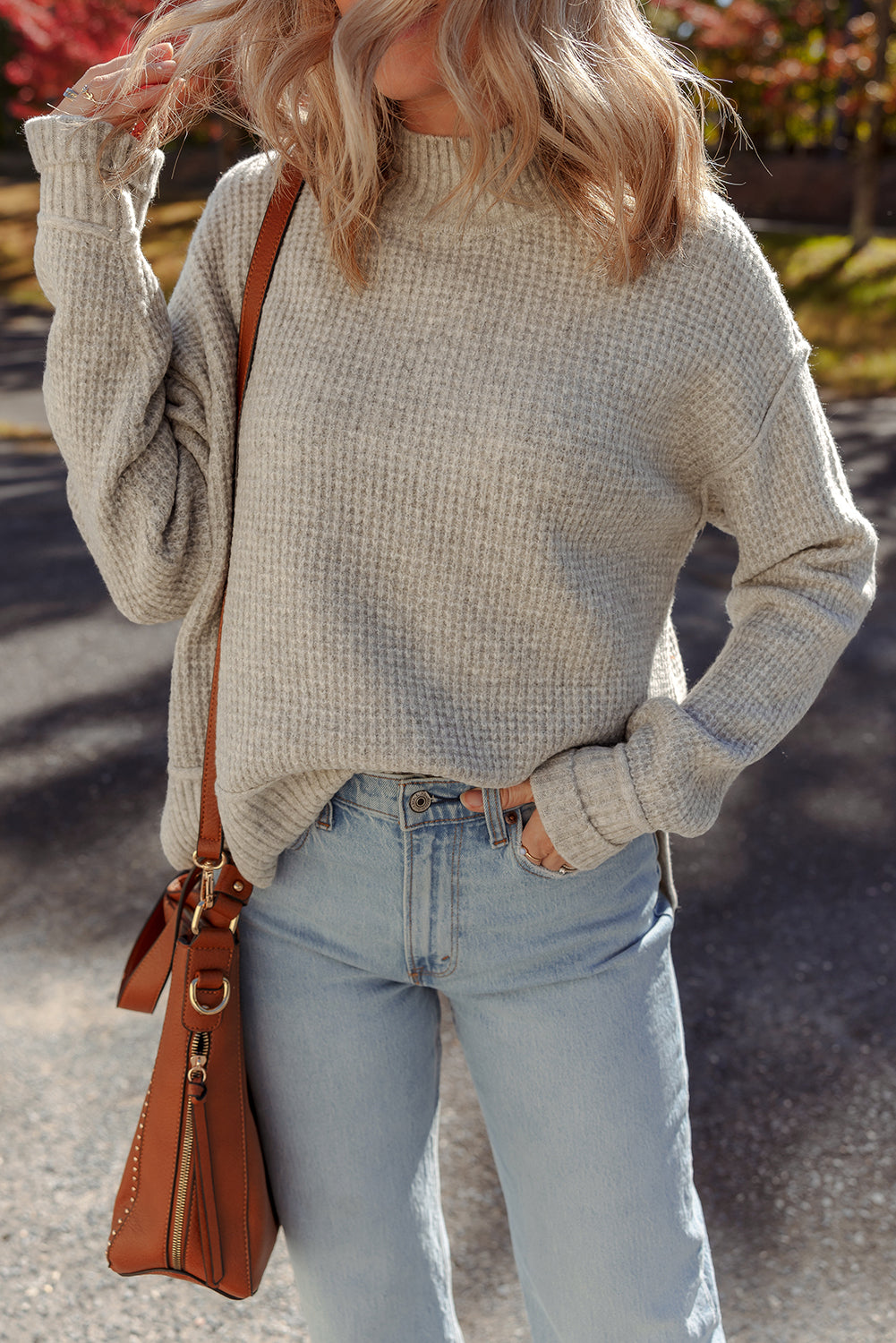 Gray Morn Waffle Texture Knit Ribbed High Neck Drop Shoulder Sweater-TOPS / DRESSES-[Adult]-[Female]-2022 Online Blue Zone Planet