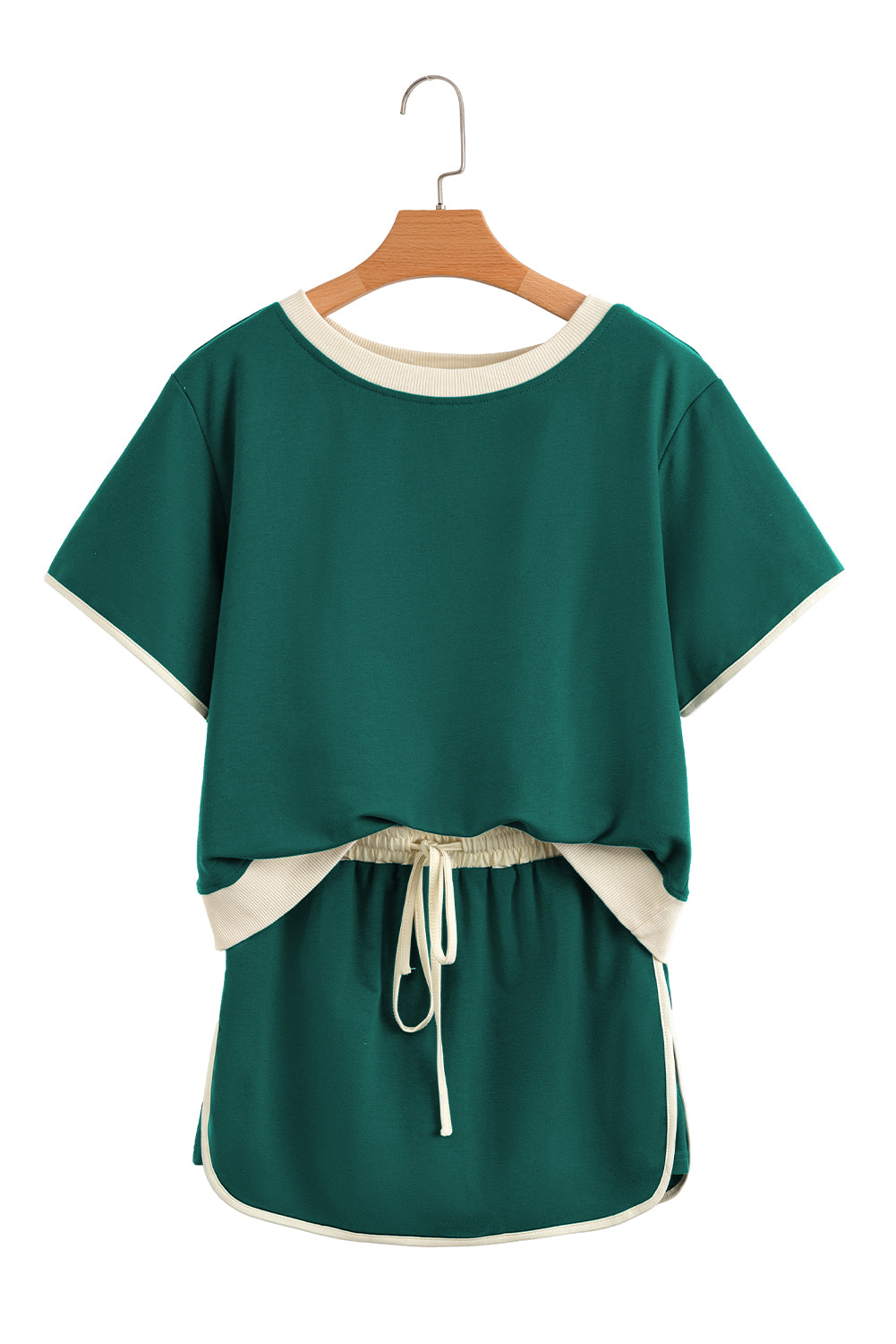 Evergreen Colorblock Edge Drop Shoulder T Shirt and Skirt 2Pcs Set-Two Piece Sets/Two Piece Dresses-[Adult]-[Female]-2022 Online Blue Zone Planet