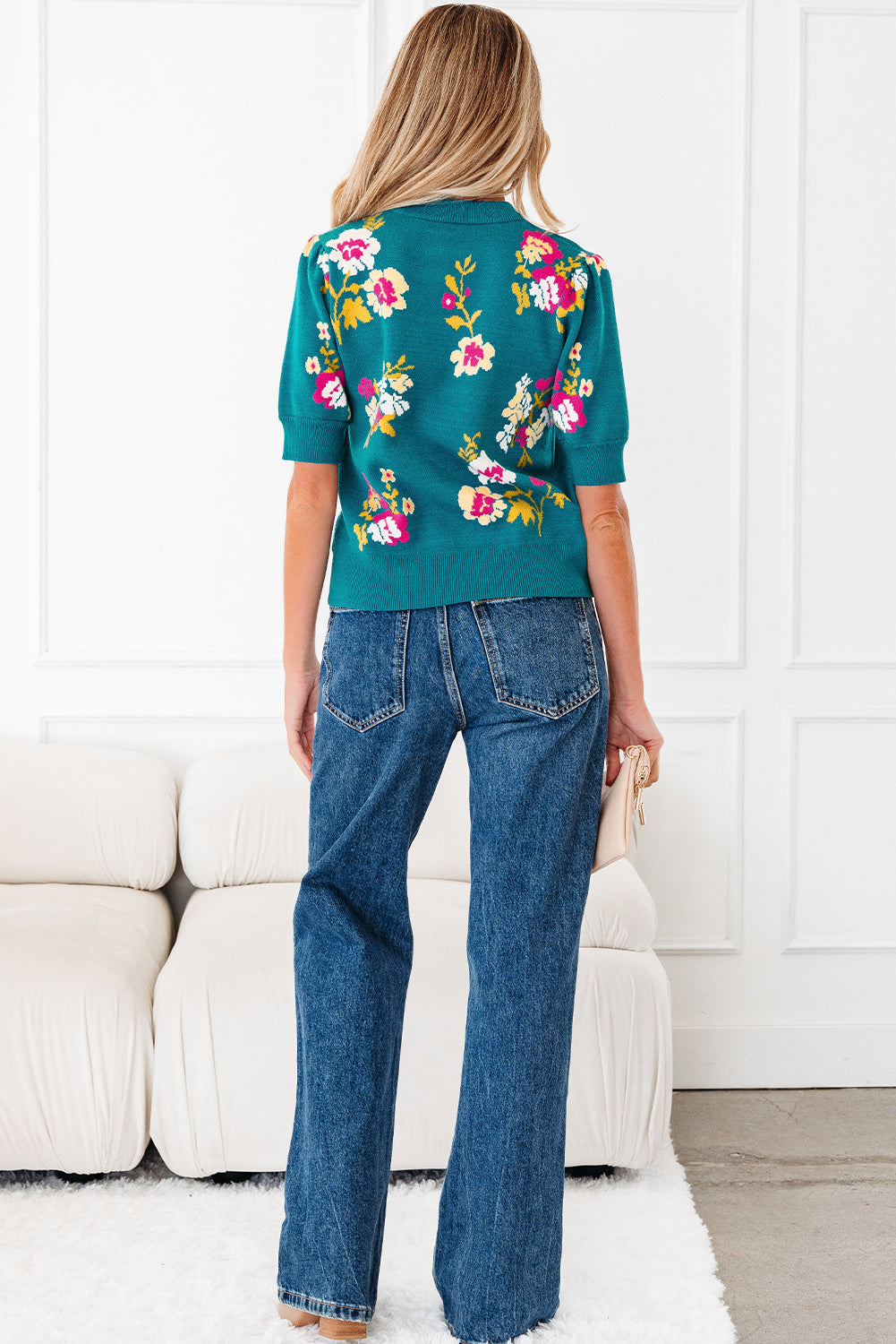 Blue Flower Pattern Mock Neck Short Sleeve Knitted T Shirt-Sweaters & Cardigans/Short Sleeve Sweaters-[Adult]-[Female]-2022 Online Blue Zone Planet