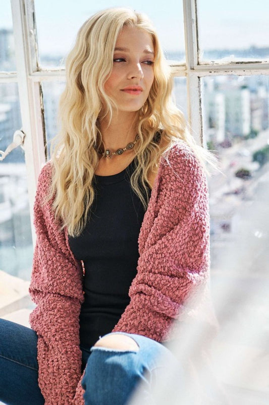 ADORA Popcorn Knit Open Front Long Sleeve Cardigan-TOPS / DRESSES-[Adult]-[Female]-MAUVE-One Size-2022 Online Blue Zone Planet