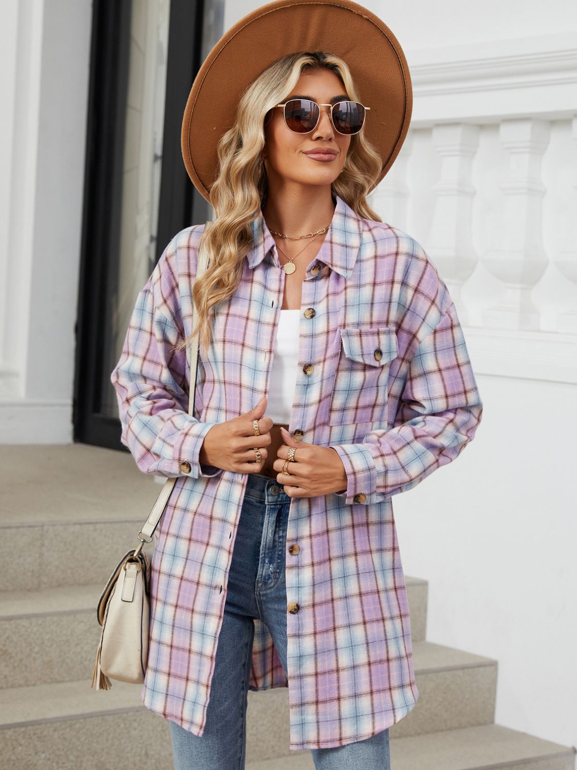 Plaid Collared Neck Long Sleeve Shirt-TOPS / DRESSES-[Adult]-[Female]-2022 Online Blue Zone Planet