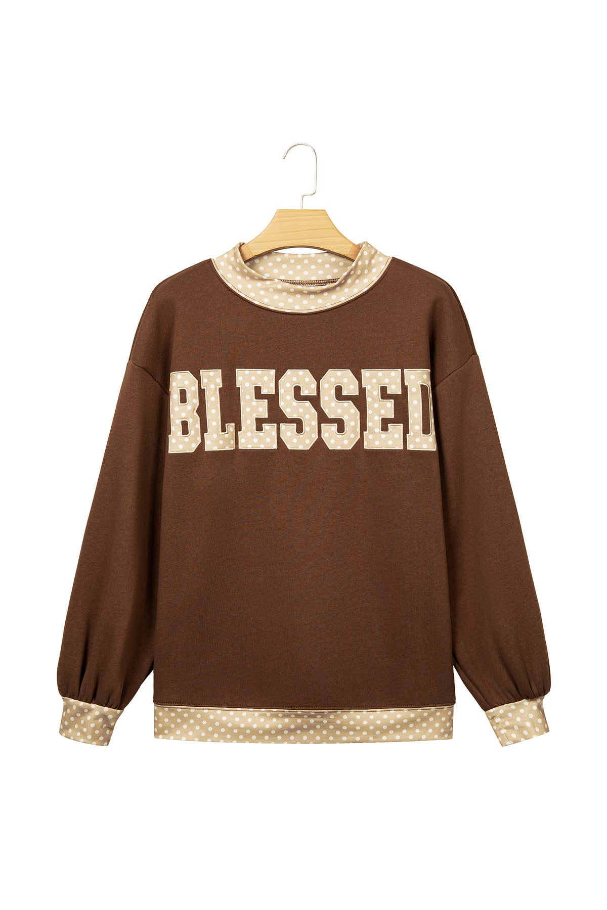 Coffee Polka Dot Trim High Neck BLESSED Letter Graphic Baggy Sweatshirt-Tops/Sweatshirts & Hoodies-[Adult]-[Female]-2022 Online Blue Zone Planet