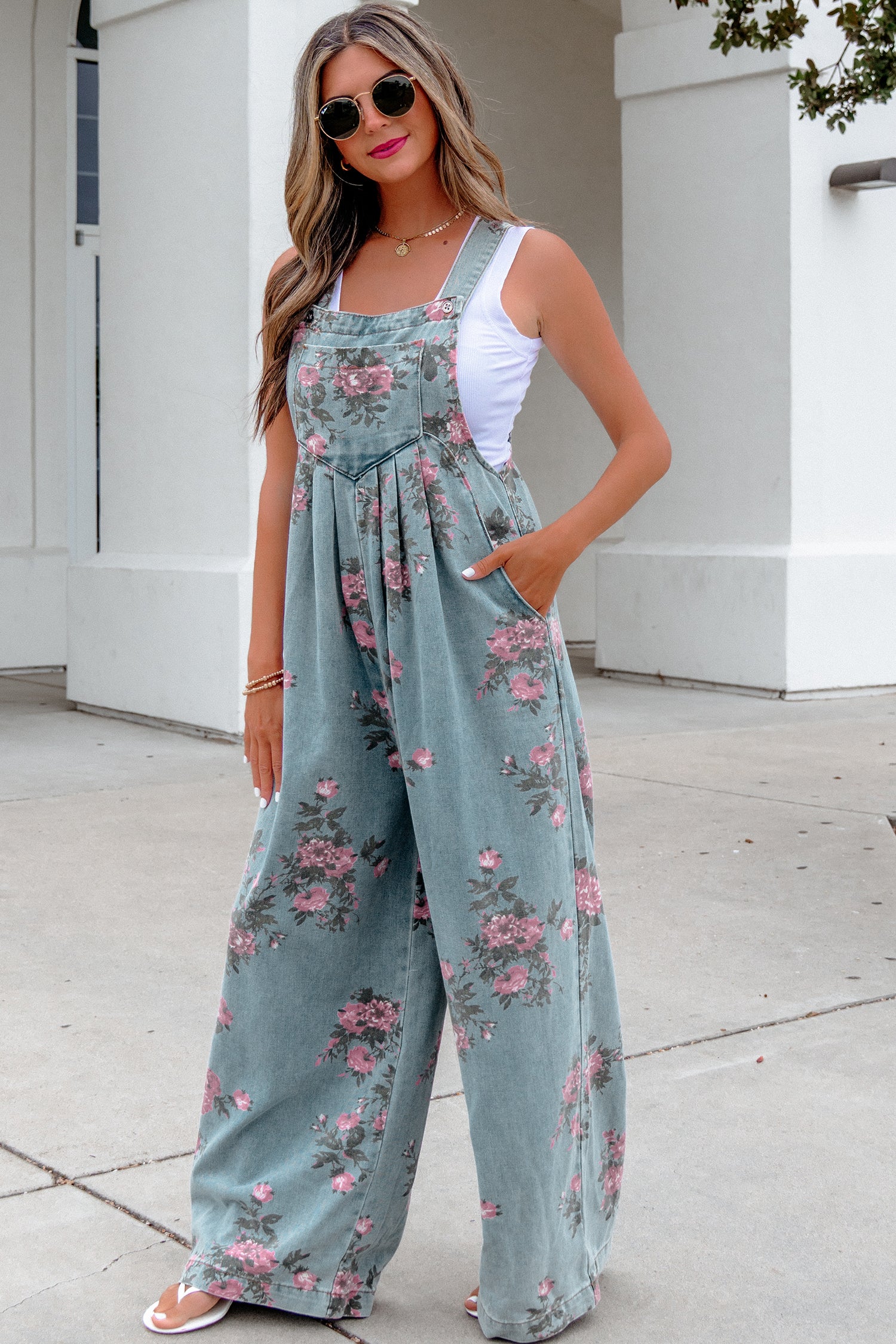 Blue Beau Floral Print Pleated High Waist Wide Leg Denim Jumpsuit-Bottoms/Jumpsuits & Rompers-[Adult]-[Female]-2022 Online Blue Zone Planet
