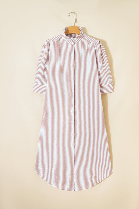 Khaki Stripe Frilled Collar Half Sleeve Shirt Maxi Dress-TOPS / DRESSES-[Adult]-[Female]-2022 Online Blue Zone Planet