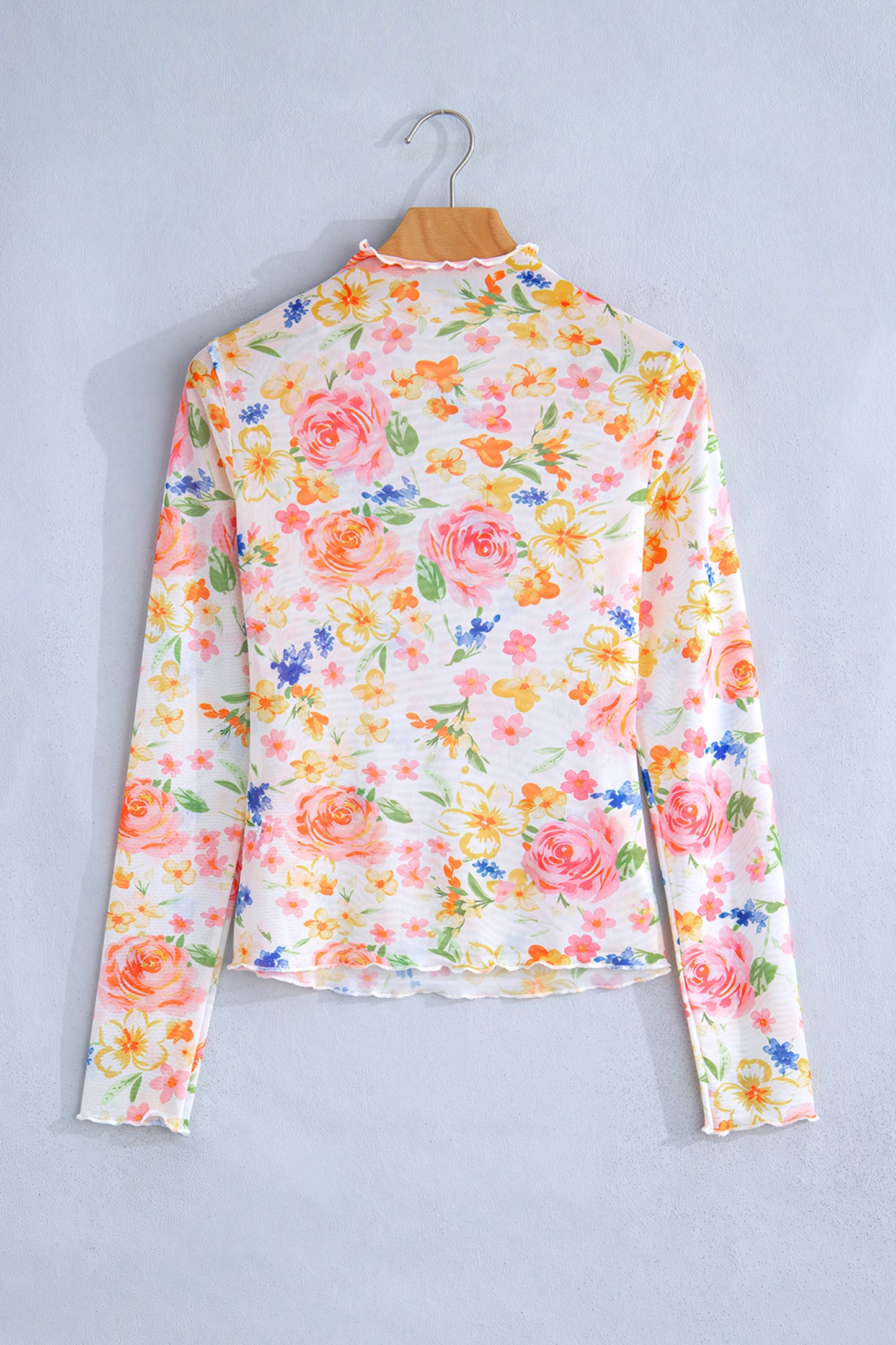 White Lettuce Trim Floral Print Sheer Mesh Long Sleeve Top-Tops/Long Sleeve Tops-[Adult]-[Female]-2022 Online Blue Zone Planet
