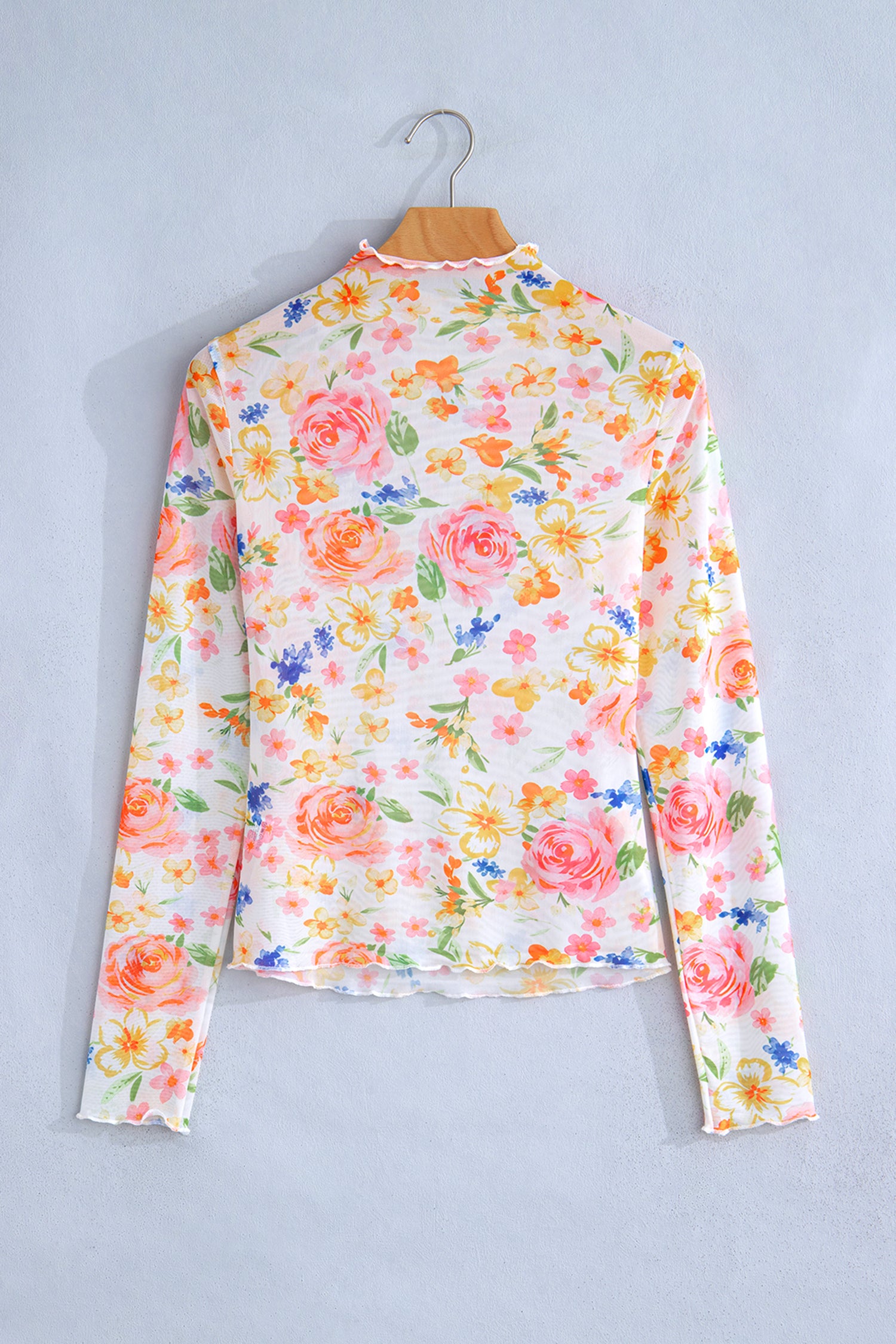 White Lettuce Trim Floral Print Sheer Mesh Long Sleeve Top-Tops/Long Sleeve Tops-[Adult]-[Female]-2022 Online Blue Zone Planet