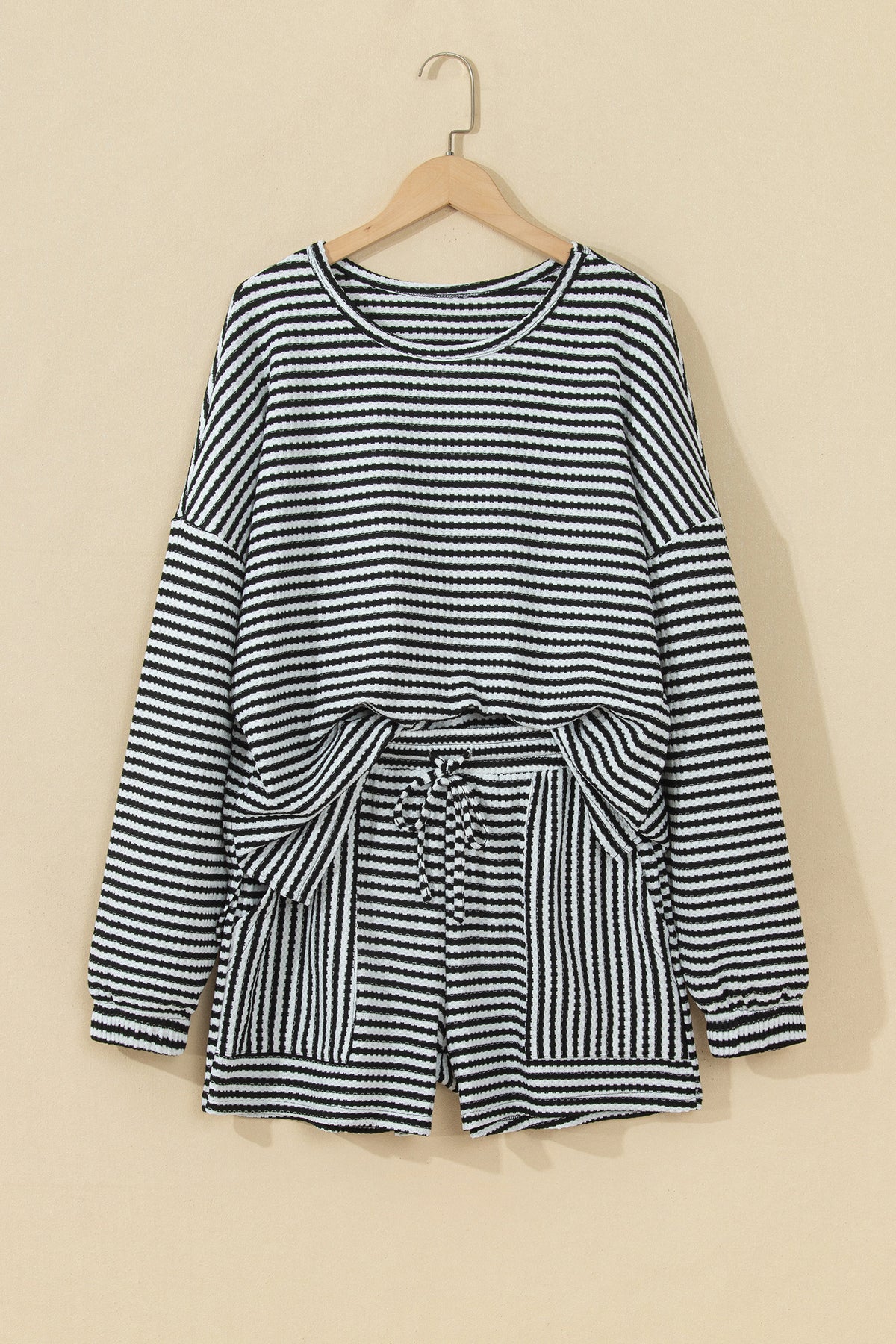 Brown Stripe Textured Knit Long Sleeve Top Elastic Waist Shorts Casual Outfit-Two Piece Sets/Short Sets-[Adult]-[Female]-2022 Online Blue Zone Planet