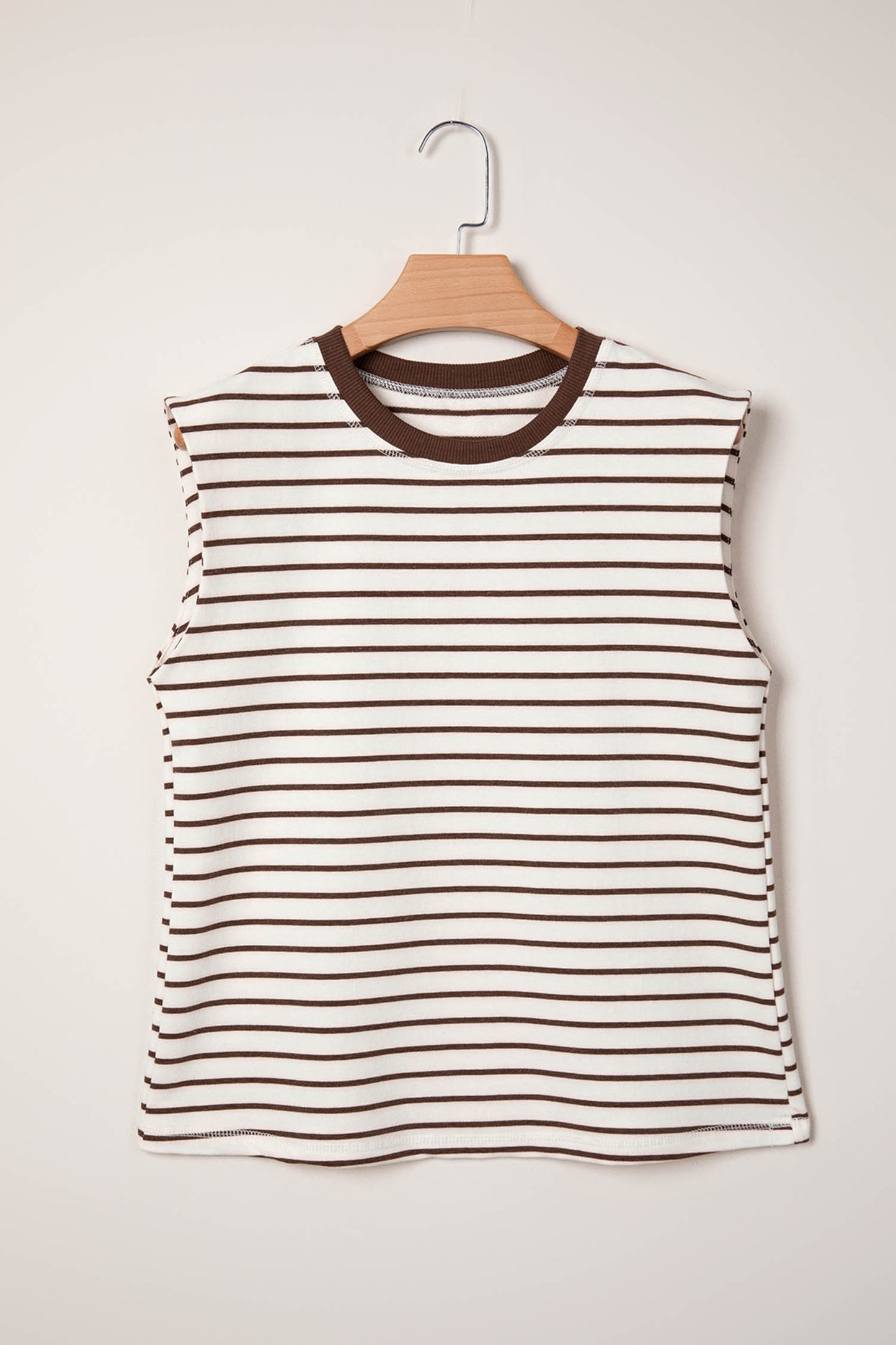 Brown Stripe Ribbed Round Neck Trim Loose Tank Top-Tops/Tank Tops-[Adult]-[Female]-2022 Online Blue Zone Planet