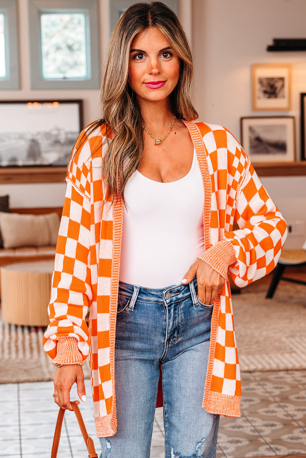 Orange Checkered Open Front Drop Shoulder Cardigan-Sweaters & Cardigans/Cardigans-[Adult]-[Female]-2022 Online Blue Zone Planet