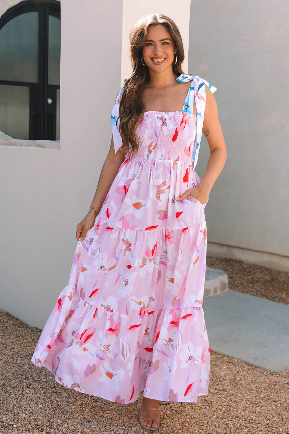 Pink Floral Print Knotted Shoulder Smocked Maxi Dress-TOPS / DRESSES-[Adult]-[Female]-2022 Online Blue Zone Planet