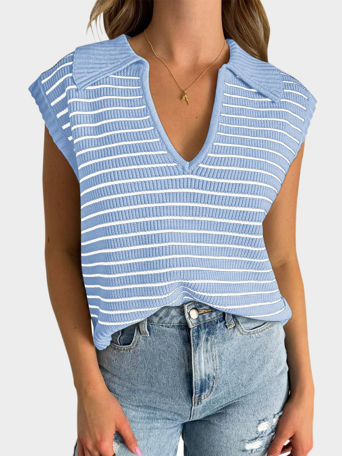 Blue Zone Planet | Mandy Collared Neck Striped Sweater Vest-TOPS / DRESSES-[Adult]-[Female]-Light Blue-S-2022 Online Blue Zone Planet