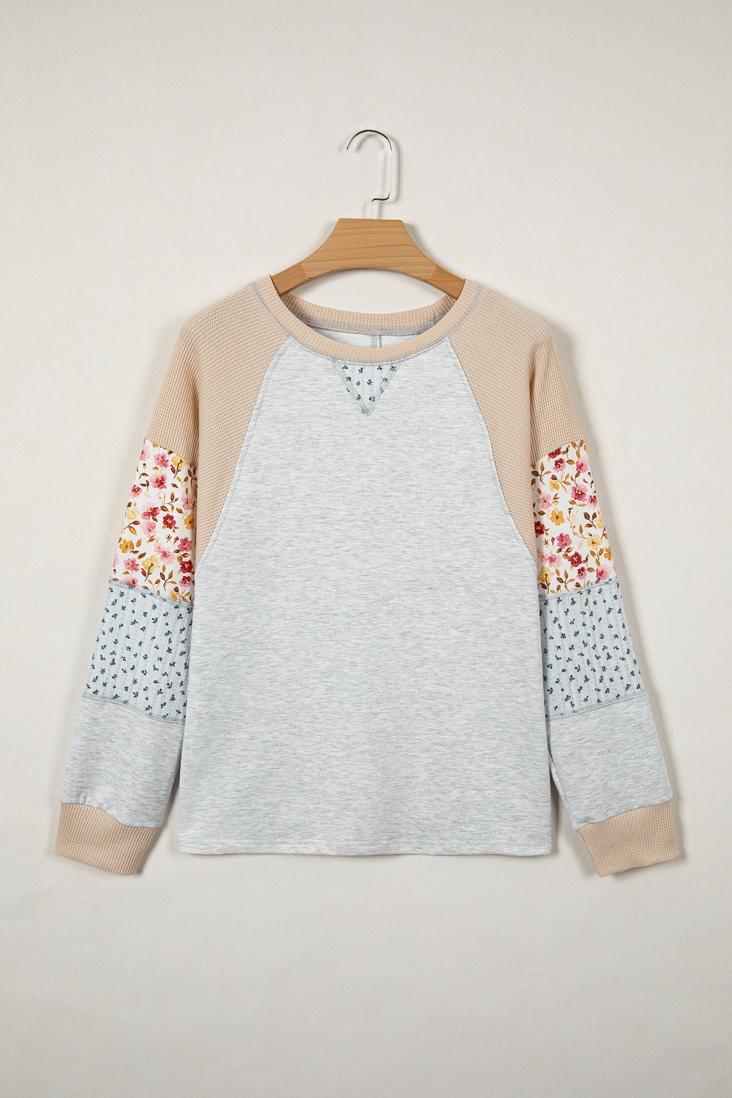 Light Grey Mixed Print Raglan Sleeve Patchwork Exposed Seam Pullover Top-Tops/Long Sleeve Tops-[Adult]-[Female]-2022 Online Blue Zone Planet