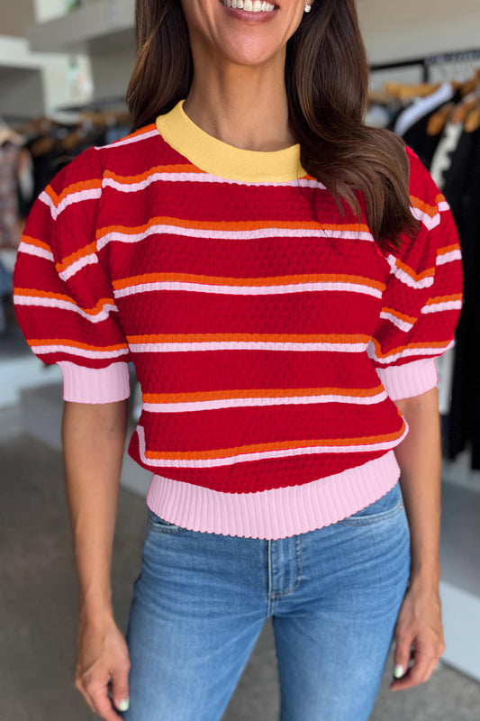 Red Stripe Colorblock Trim Half Sleeve Sweater Top-TOPS / DRESSES-[Adult]-[Female]-Red Stripe-S-2022 Online Blue Zone Planet