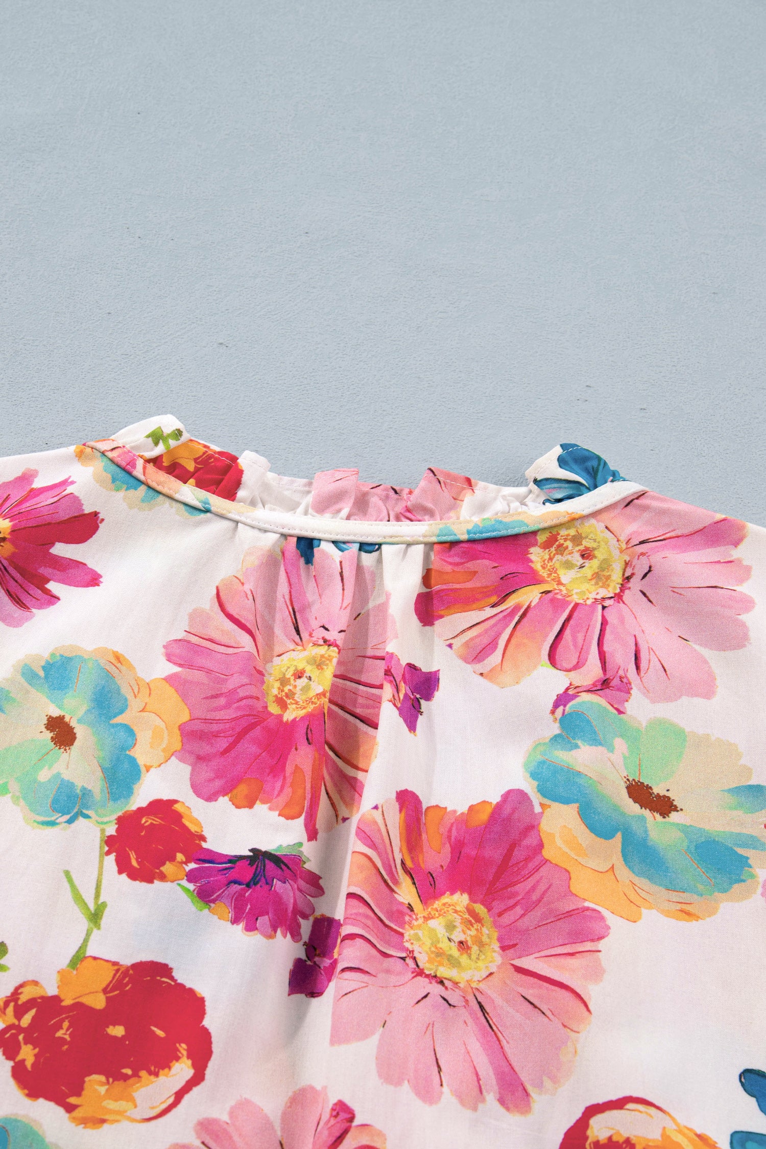 Beige Vibrant Summer Floral Tie V Neck Short Puff Sleeve Blouse-Tops/Blouses & Shirts-[Adult]-[Female]-2022 Online Blue Zone Planet