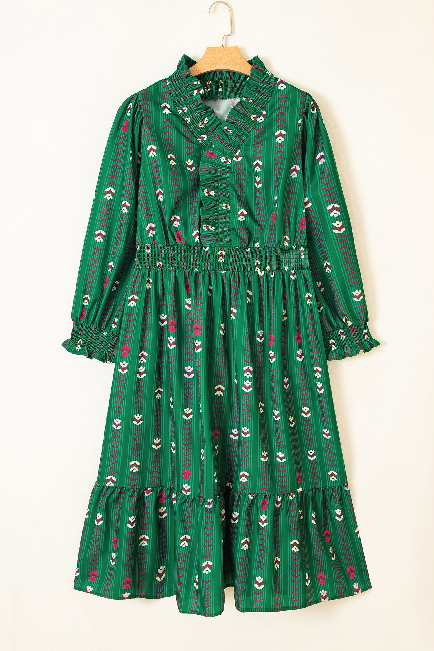 Green Floral Print V Neck Long Sleeve Shift Plus Size Dress-TOPS / DRESSES-[Adult]-[Female]-2022 Online Blue Zone Planet