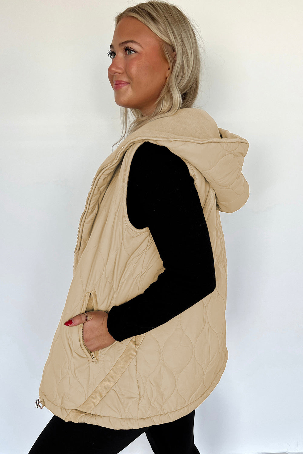 Pale Khaki Quilted Padded Casual Winter Jacket Vest with Fleece Lining-TOPS / DRESSES-[Adult]-[Female]-2022 Online Blue Zone Planet
