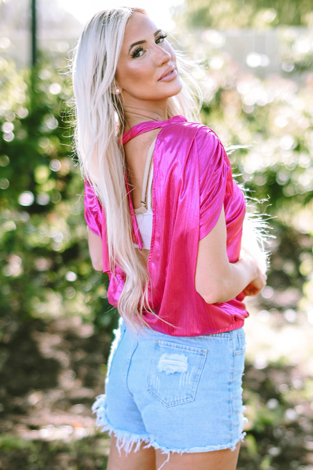 Bright Pink Ruched Sleeves Knotted Backless Blouse-Tops/Blouses & Shirts-[Adult]-[Female]-2022 Online Blue Zone Planet