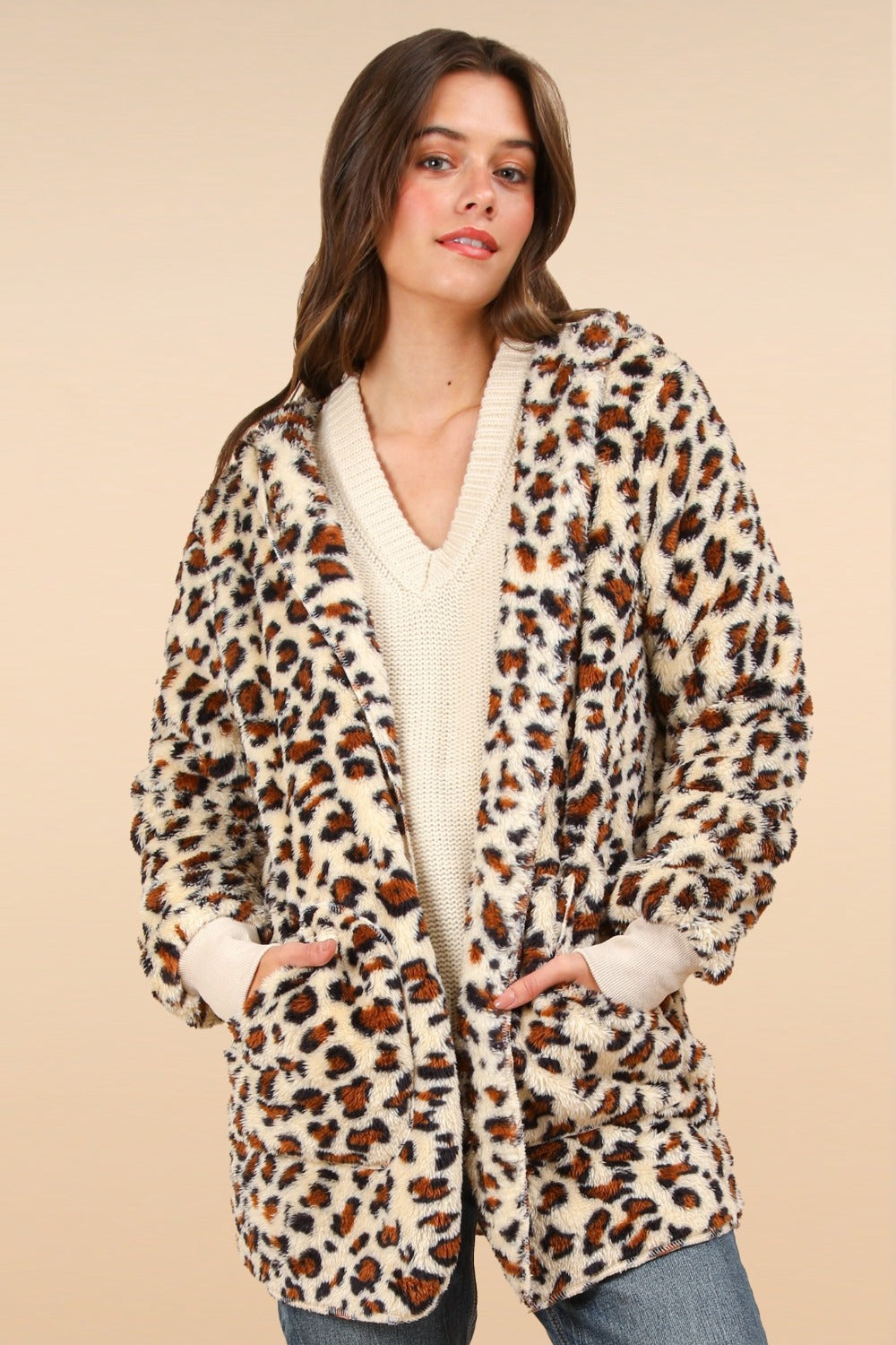 VERY J Fuzzy Leopard Long Sleeve Hooded Jacket-TOPS / DRESSES-[Adult]-[Female]-Ivory Leopard-S-2022 Online Blue Zone Planet