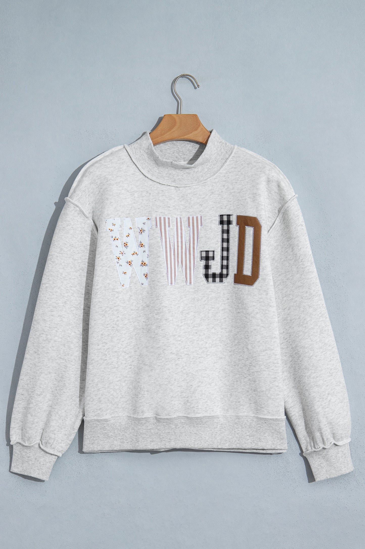 Gray WWJD Mixed Pattern Embroidered Patch Graphic Mock Neck Sweatshirt-Tops/Sweatshirts & Hoodies-[Adult]-[Female]-2022 Online Blue Zone Planet
