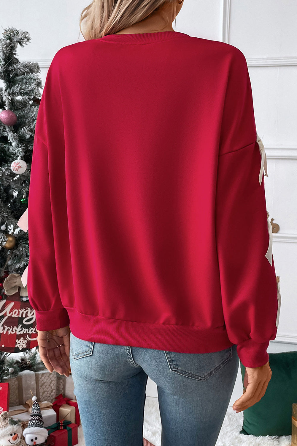 Myosotis Contrast Bow Decor Dropped Sleeve Crewneck Sweatshirt-Tops/Sweatshirts & Hoodies-[Adult]-[Female]-2022 Online Blue Zone Planet