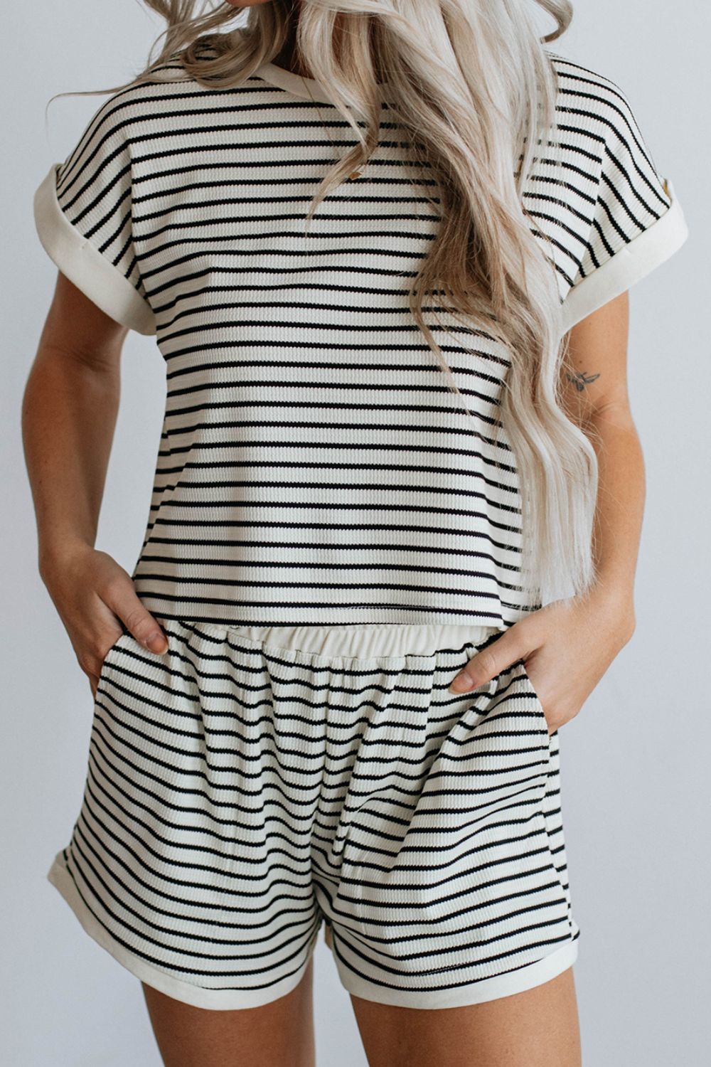 Striped Round Neck Top and Shorts Set-TOPS / DRESSES-[Adult]-[Female]-Stripe-S-2022 Online Blue Zone Planet