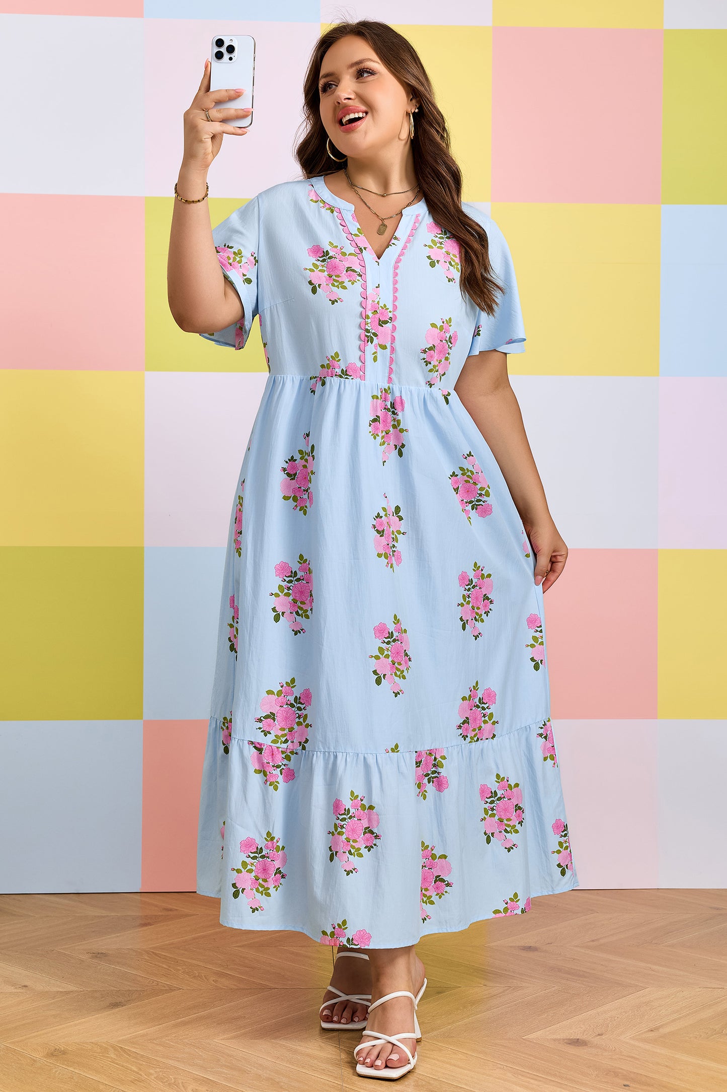Sky Blue Plus Size Floral Print Scalloped Trim V-Neck Dress-Plus Size/Plus Size Dresses/Plus Size Maxi Dresses-[Adult]-[Female]-2022 Online Blue Zone Planet