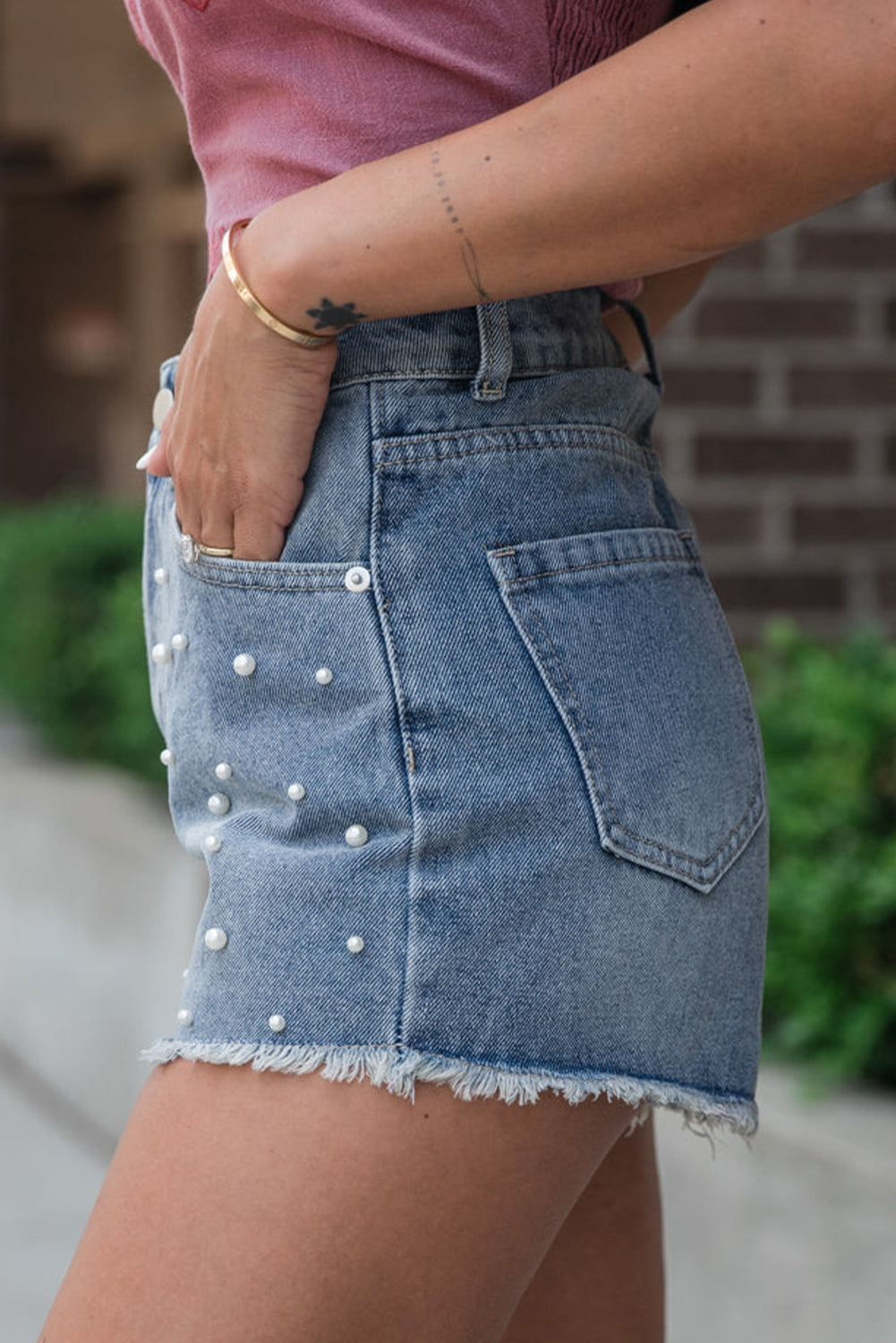Dusk Blue Pearl Beaded Raw Hem Medium Wash Denim Shorts-Bottoms/Denim Shorts-[Adult]-[Female]-2022 Online Blue Zone Planet