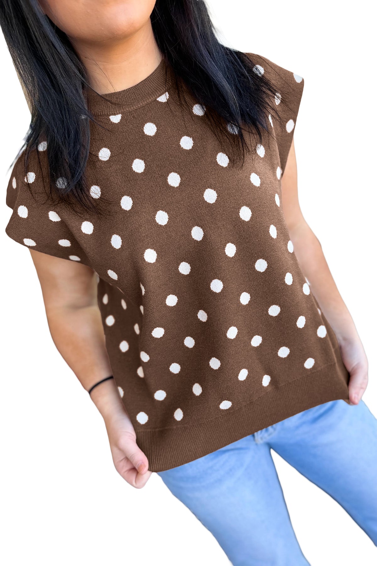 Brown Dolman Short Sleeve Round Neck Polka Dot Sweater-Sweaters & Cardigans/Short Sleeve Sweaters-[Adult]-[Female]-2022 Online Blue Zone Planet