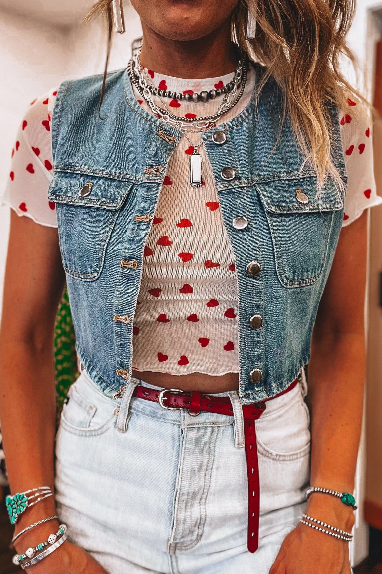 Red Allover Heart Print Mesh Short Sleeve Top-Tops/Tops & Tees-[Adult]-[Female]-2022 Online Blue Zone Planet