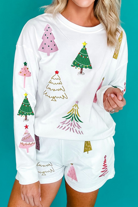 White Stripe Multi Christmas Tree Long Sleeve Top and Shorts 2pcs Lounge Set-Loungewear & Sleepwear/Loungewear-[Adult]-[Female]-White Stripe-S-2022 Online Blue Zone Planet