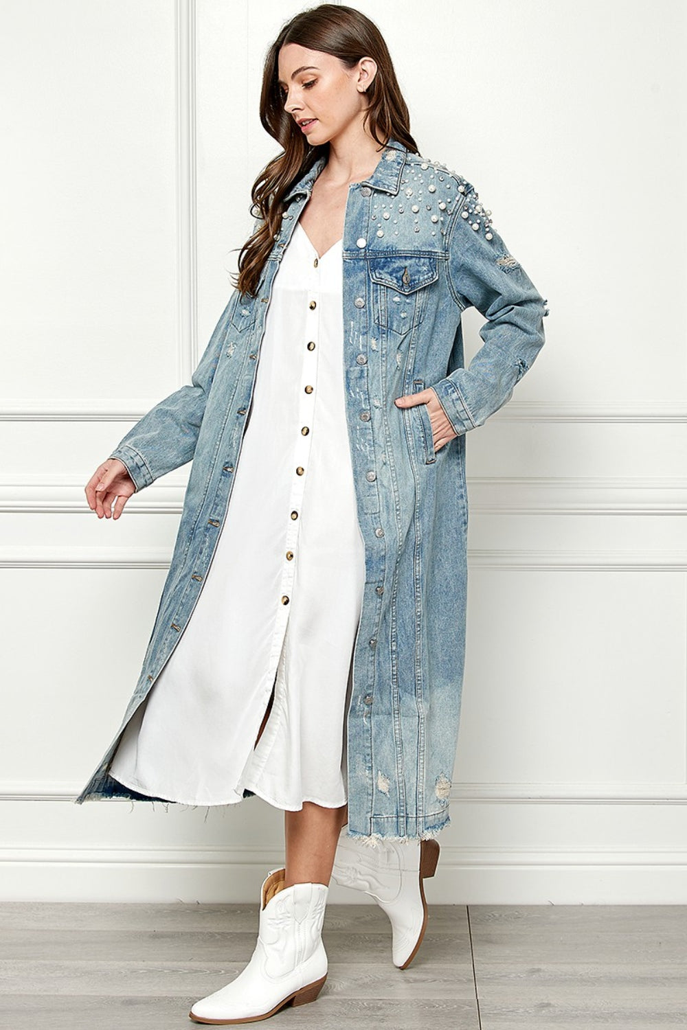 Blue Zone Planet | Veveret Full Size Distressed Raw Hem Pearl Detail Button Up Jacket-TOPS / DRESSES-[Adult]-[Female]-2022 Online Blue Zone Planet