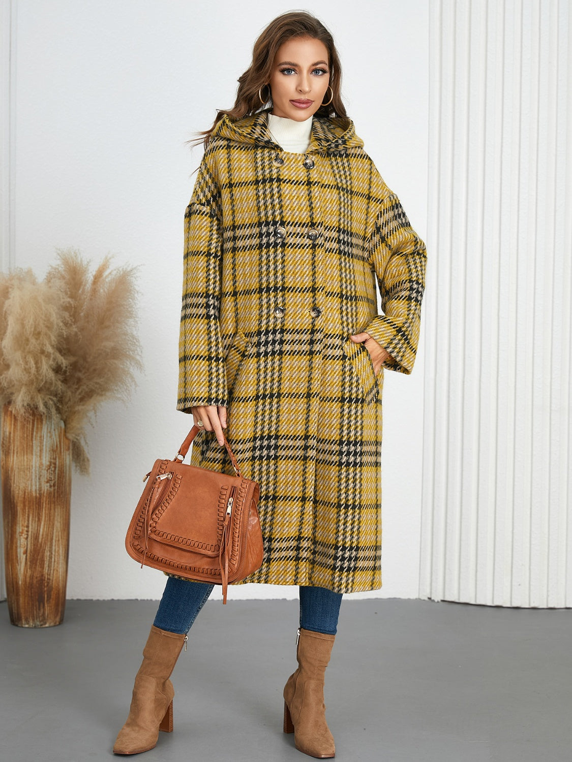 Blue Zone Planet | Plaid Double-Breasted Long Sleeve Longline Coat-TOPS / DRESSES-[Adult]-[Female]-2022 Online Blue Zone Planet